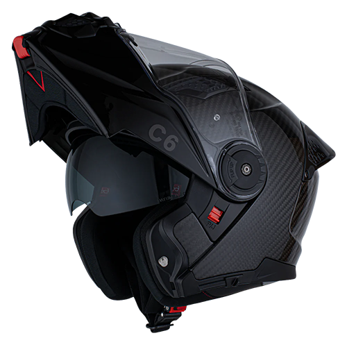Lightweight carbon fiber Daytona C6 helmet with modular flip-up chin guard and aerodynamic design.
