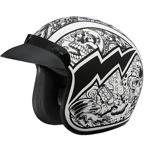 A white motorcycle helmet with a visor, featuring a graffiti design that includes geometric patterns and stylized graphics.