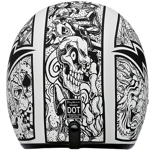 Daytona Cruiser helmet with graffiti design, quick-release strap, and goggle strap holder.
