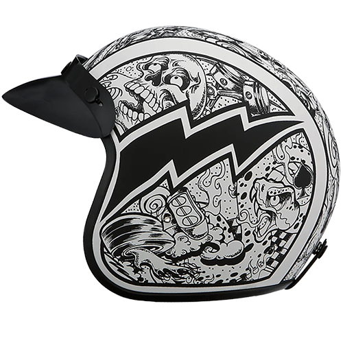 Artistic motorcycle helmet with graffiti graphics and removable gloss black visor.