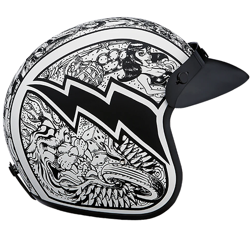 Artistic motorcycle helmet with graffiti graphics and removable gloss black visor.