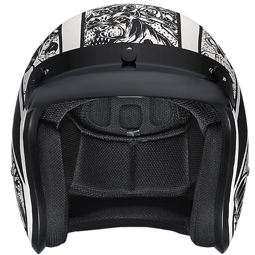 Daytona Cruiser helmet with graffiti design, quick-release strap, and goggle strap holder.
