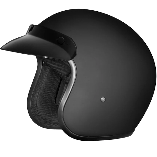 A dull black 3/4 motorcycle helmet with bubble visor and D.O.T. certification.