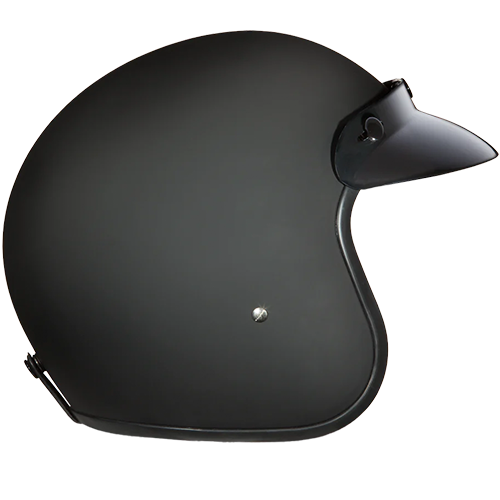Low-profile black motorcycle helmet with moisture-wicking liner and nickel rivets.