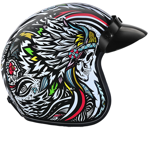 A motorcycle helmet featuring a bold black and white graffiti design with vibrant, colorful accents with a removable visor.