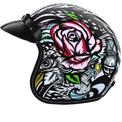 A graffiti-themed 3/4 motorcycle helmet with colorful tribal design and removable visor.