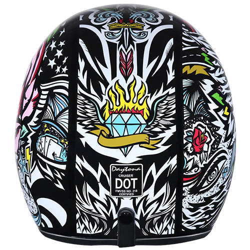 Daytona Cruiser Tribal Graffiti helmet featuring gloss lacquer finish and D.O.T. certification.