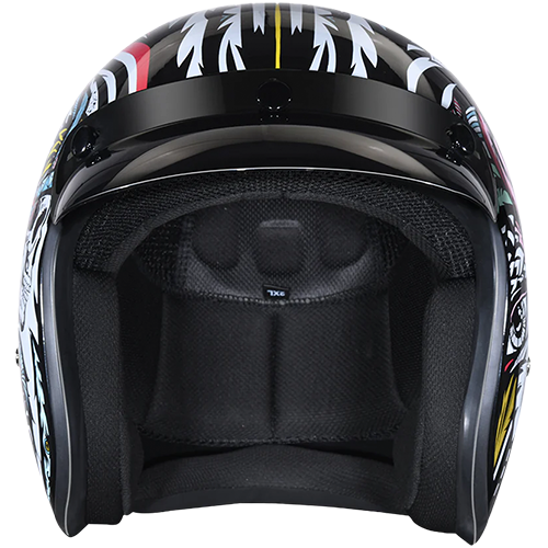 Artistic black and white motorcycle helmet with colorful accents and quick-release strap.