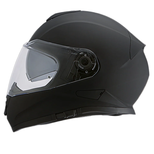 A dull black full-face motorcycle helmet with dual shields and Bluetooth compatibility.