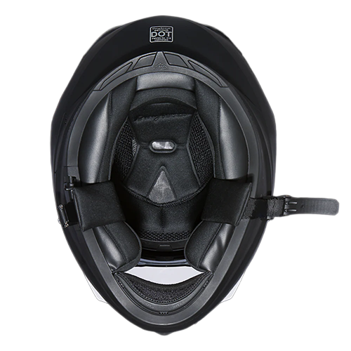 Full-face black motorcycle helmet with quick-release strap and sleek matte finish.