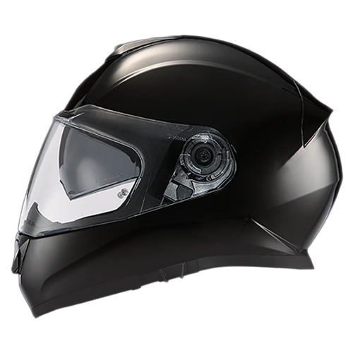 Shiny black motorcycle helmet with Bluetooth compatibility and moisture-wicking liner.
