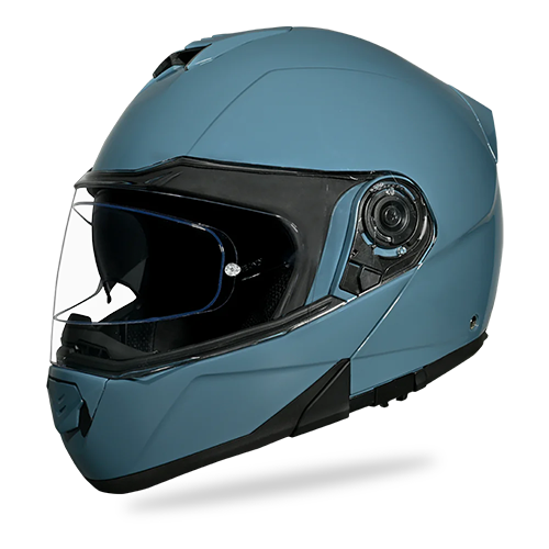 A Daytona Glide motorcycle helmet in Shark Blu color with a clear shield visor, shown from the side with an open chin guard.