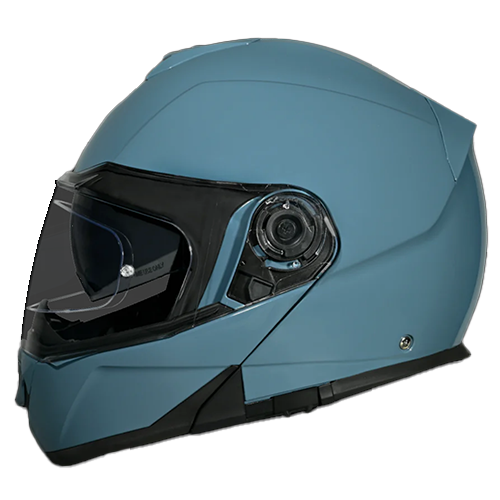 A Daytona Glide motorcycle helmet in Shark Blu color with a clear shield visor, shown from the side with an open chin guard.