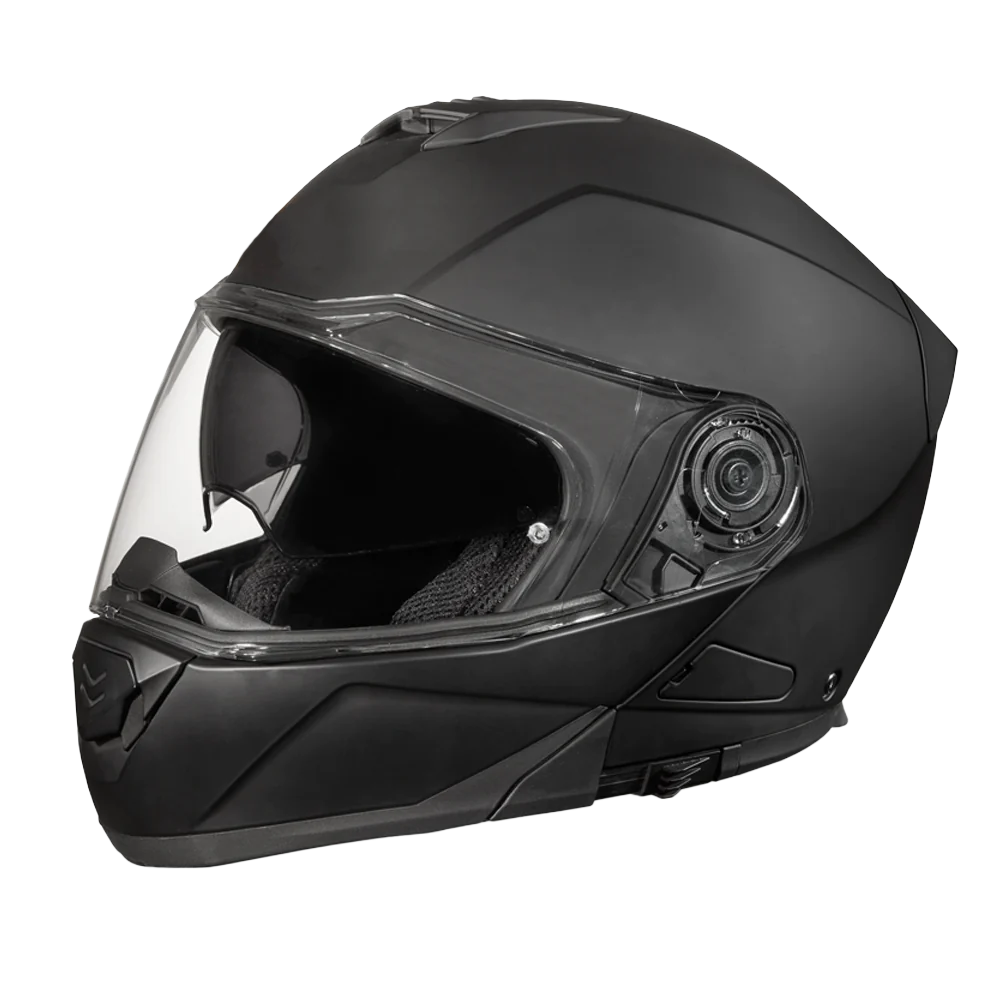 A dull black full-face modular helmet with a clear visor, designed for motorcycle riding.