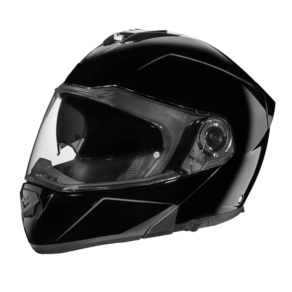 A high gloss black full-face modular motorcycle helmet in a closed position.