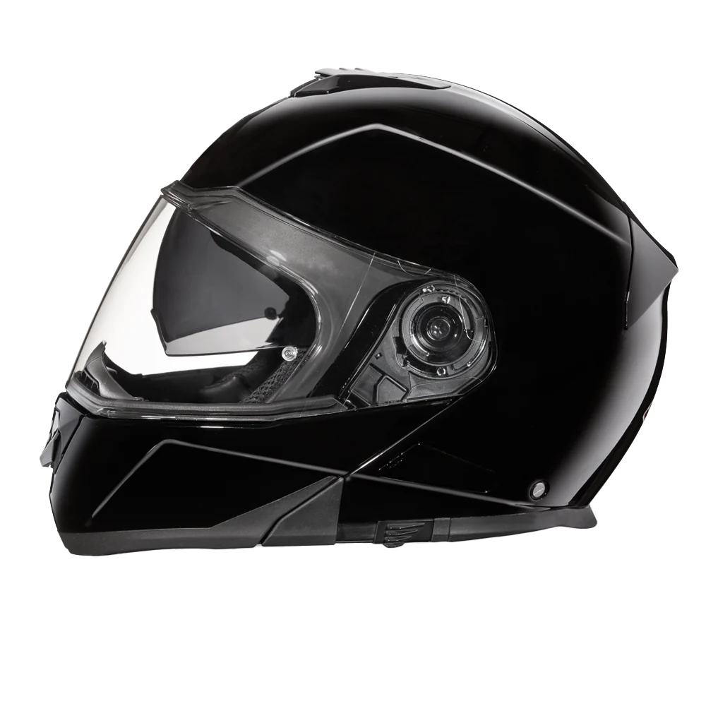 Black full-face modular helmet with quick-release strap and mirror-like gloss finish.