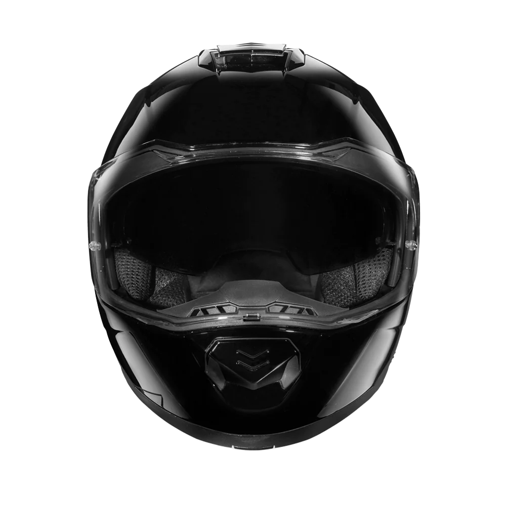 A high gloss black modular motorcycle helmet with dual shields and DOT approval.