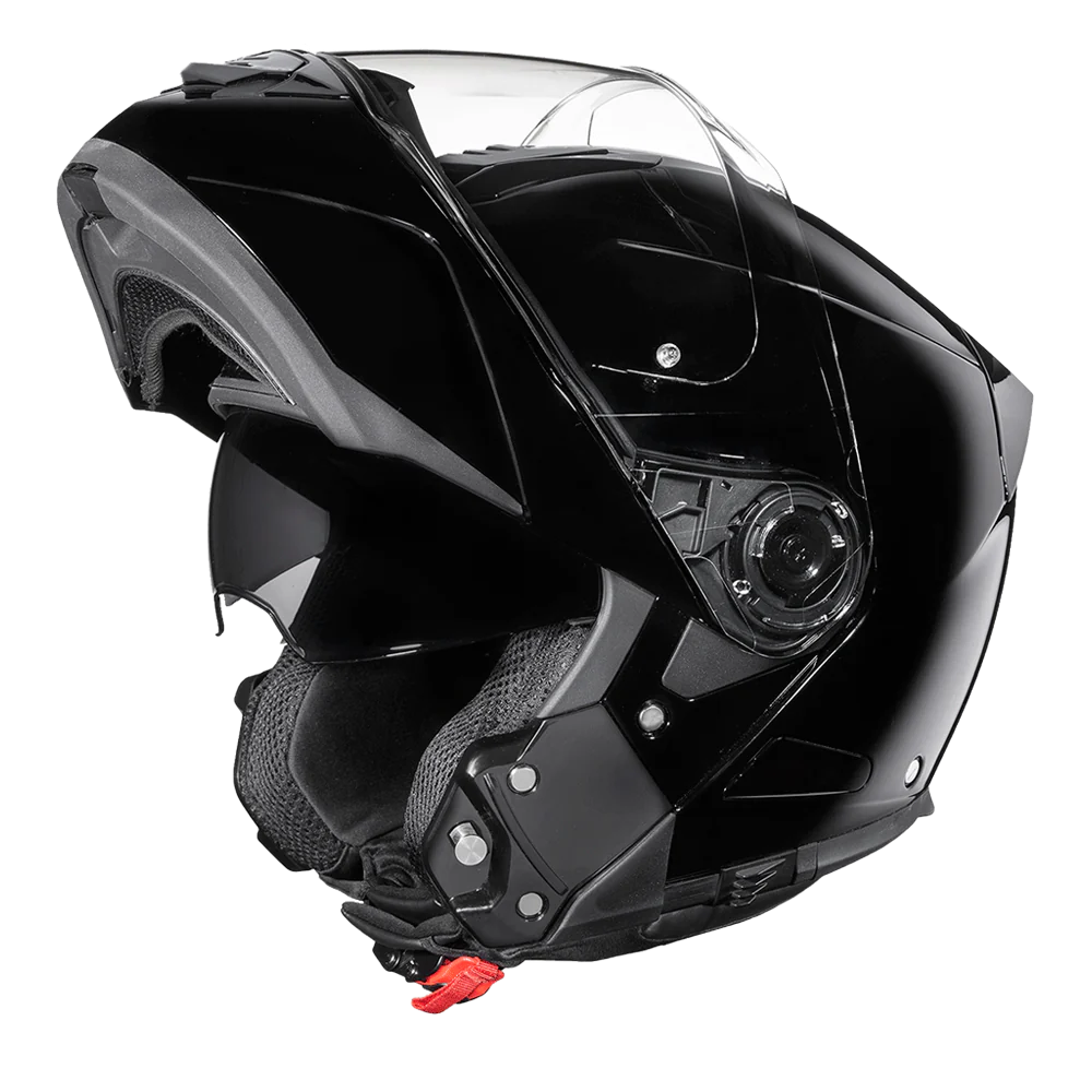 Black full-face modular helmet with quick-release strap and mirror-like gloss finish.