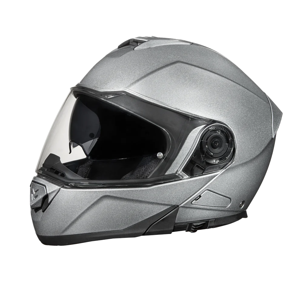 A silver metallic full-face modular motorcycle helmet with a clear visor and inner drop down shield.