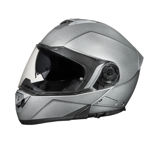 A silver metallic full-face modular motorcycle helmet with a clear visor and inner drop down shield.