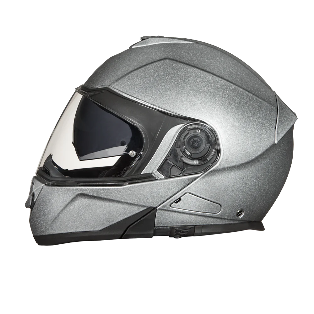 Daytona Glide Silver Metallic helmet featuring flip-up chin guard and Pinlock-ready clear shield.
