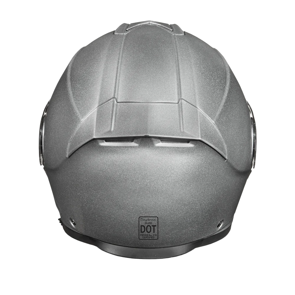 Gloss silver Daytona modular helmet with Bluetooth compatibility and ventilation system.