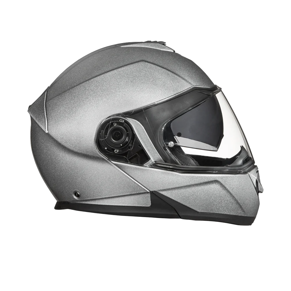 Daytona Glide Silver Metallic helmet featuring flip-up chin guard and Pinlock-ready clear shield.