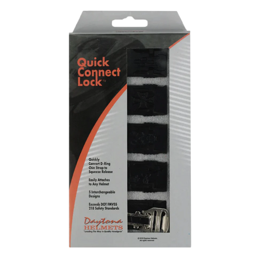 Daytona Quick Connect helmet lock made of tempered steel and high-impact nylon with DOT certification.
