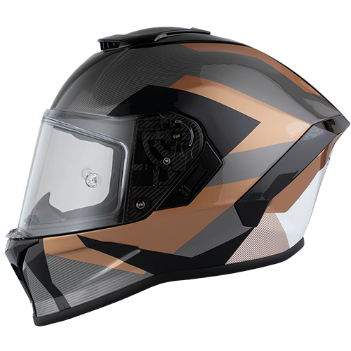 A full face motorcycle helmet with a copper, black, and gray geometric pattern and a clear visor.