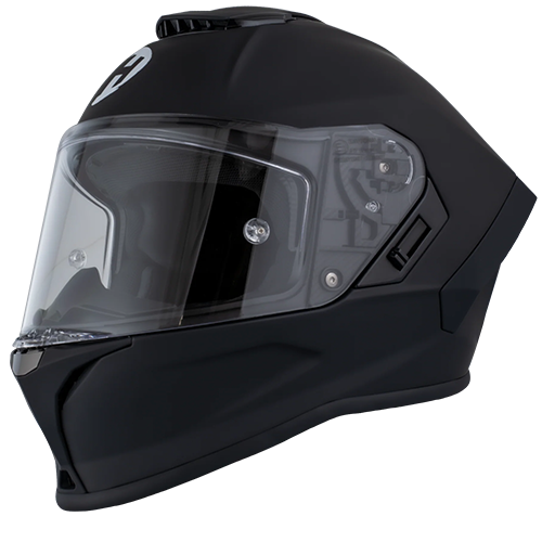 A full face motorcycle helmet with a clear visor, in a dull black color finish.