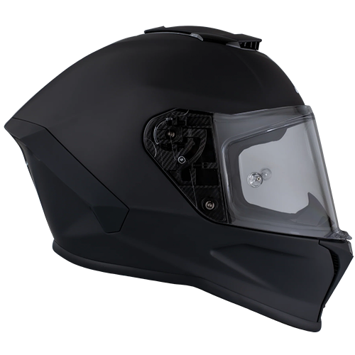 A side view of a full face motorcycle helmet in dull black color with a clear visor.