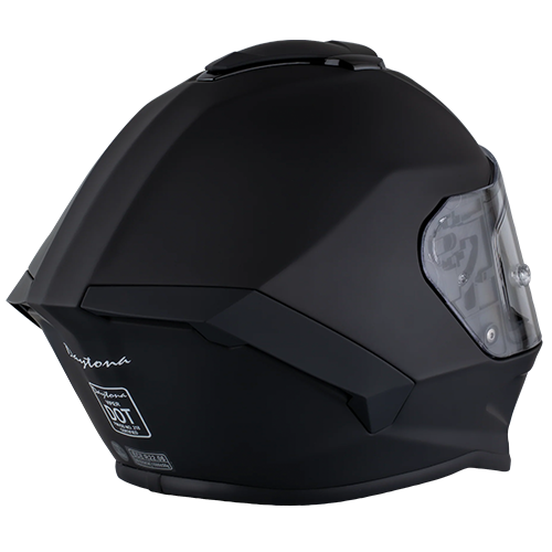 A dull black full-face motorcycle helmet with dual shields and DOT/ECE certification.