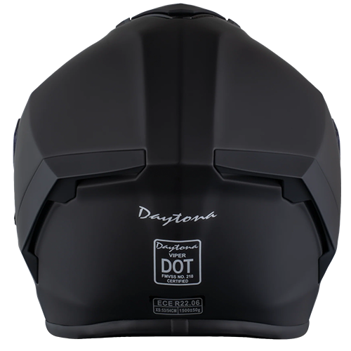 Low-profile black motorcycle helmet with quick-release strap and stealth finish.