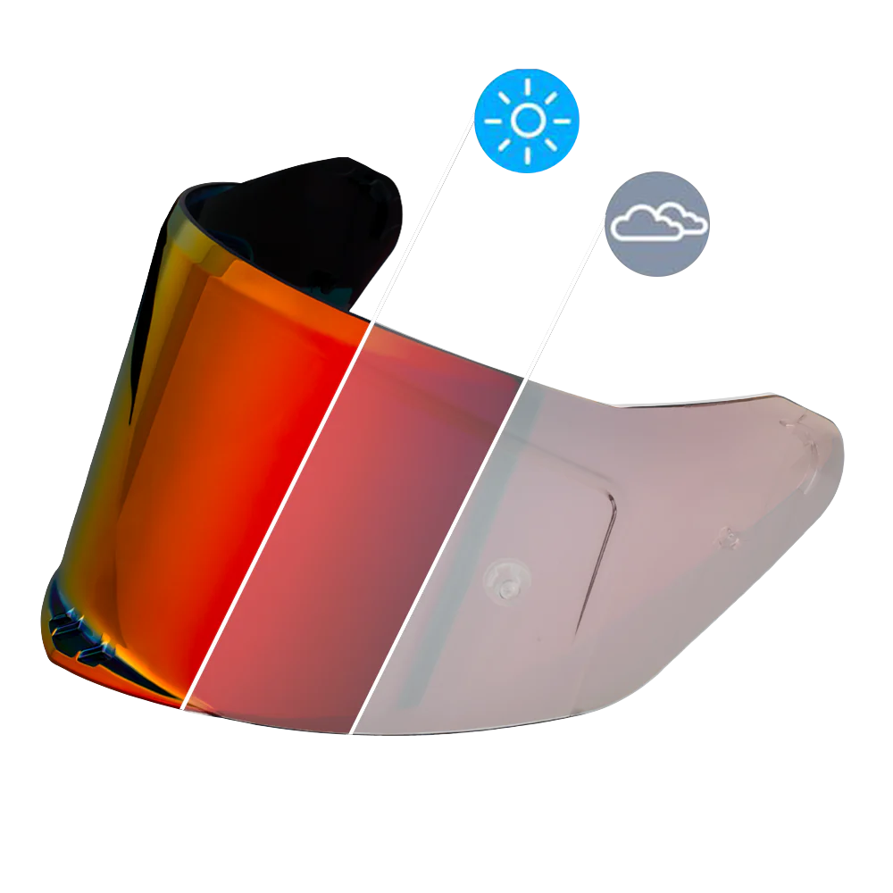 A Daytona Viper replacement outer shield for a helmet shown in photochromatic red tint with illustrations indicating light conditions.