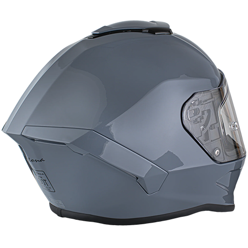 A gloss grey full-face motorcycle helmet with dual shields and DOT/ECE certification.
