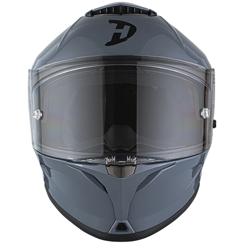 Gloss grey motorcycle helmet with quick-release strap and aggressive street styling.
