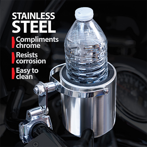 Stainless steel cup holder with water bottle on motorcycle handlebars.