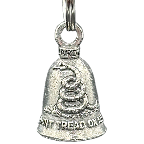 A silver bell with a coiled snake symbol and the text 'DON'T TREAD ON ME' engraved on it.