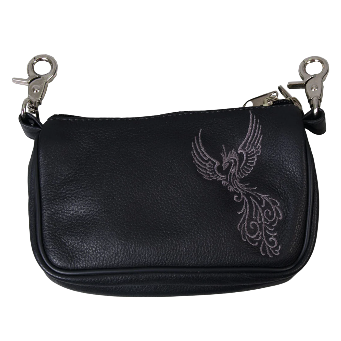 Leather Biker Pouch With Embroidered Phoenix Design