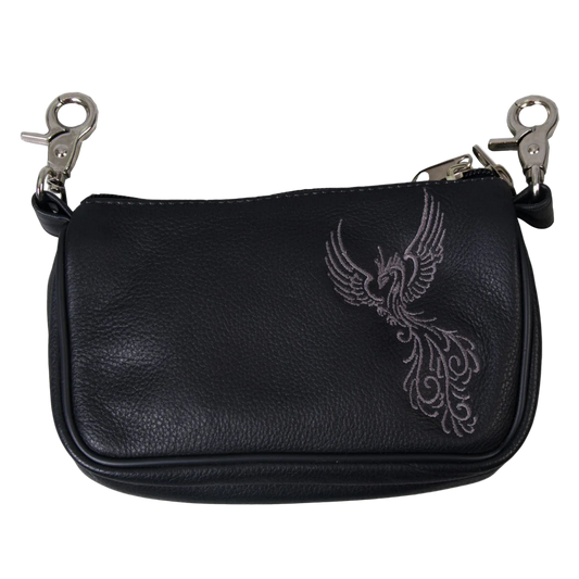 Leather Biker Pouch With Embroidered Phoenix Design