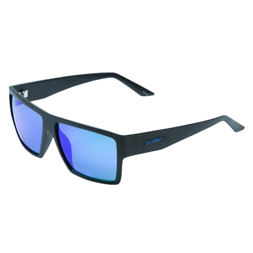 Matte black motorcycle sunglasses with blue mirror lenses and rectangular frame design