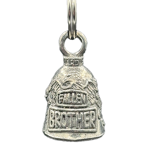 A silver bell with the inscription 'FALLEN BROTHER' and a graphic design, attached to a metal ring.