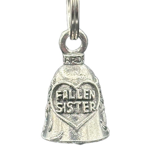 A silver bell with the inscription 'FALLEN SISTER' and a heart symbol, made from lead-free pewter.