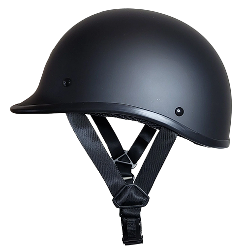 Flat black motorcycle helmet with a small visor, quick release straps, and designed for a low-profile fit.