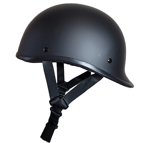 Flat black motorcycle helmet with a small visor, quick release straps, and designed for a low-profile fit.