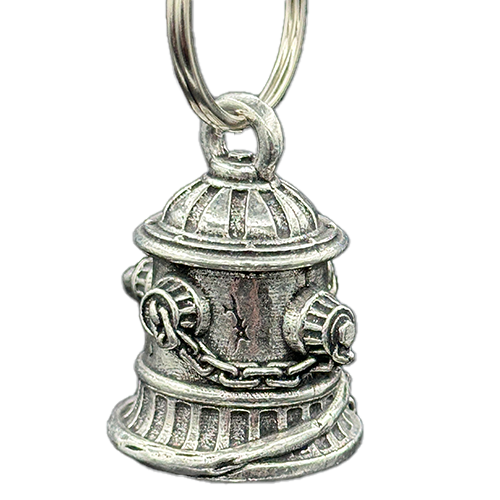A pewter motorcycle bell designed to resemble a fire hydrant with hoses, featuring a split ring for mounting.