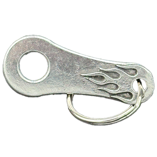 A silver-colored bell hanger with a flame design, made from lead-free pewter, featuring a split ring for attachment.