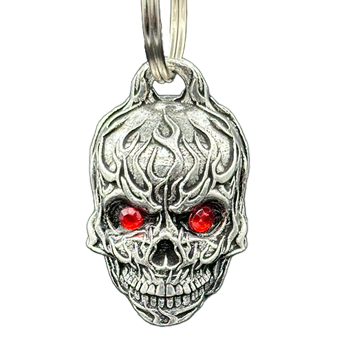 Flame Skull With Ruby Eyes Bell In Pewter Design