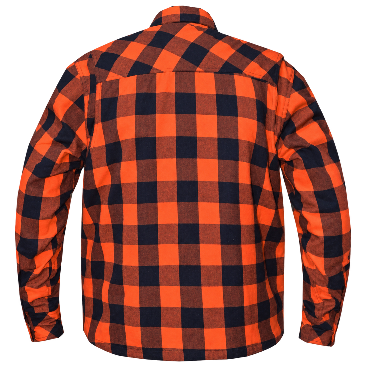 A long-sleeve plaid flannel shirt shown from the back, featuring a bold orange and black plaid