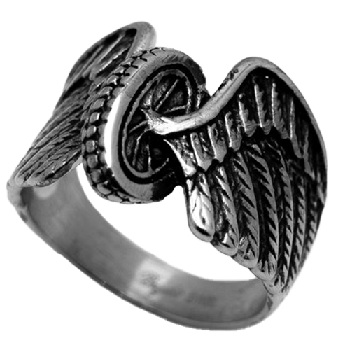 A stainless steel ring featuring a wing and wheel design, symbolizing the biker lifestyle.